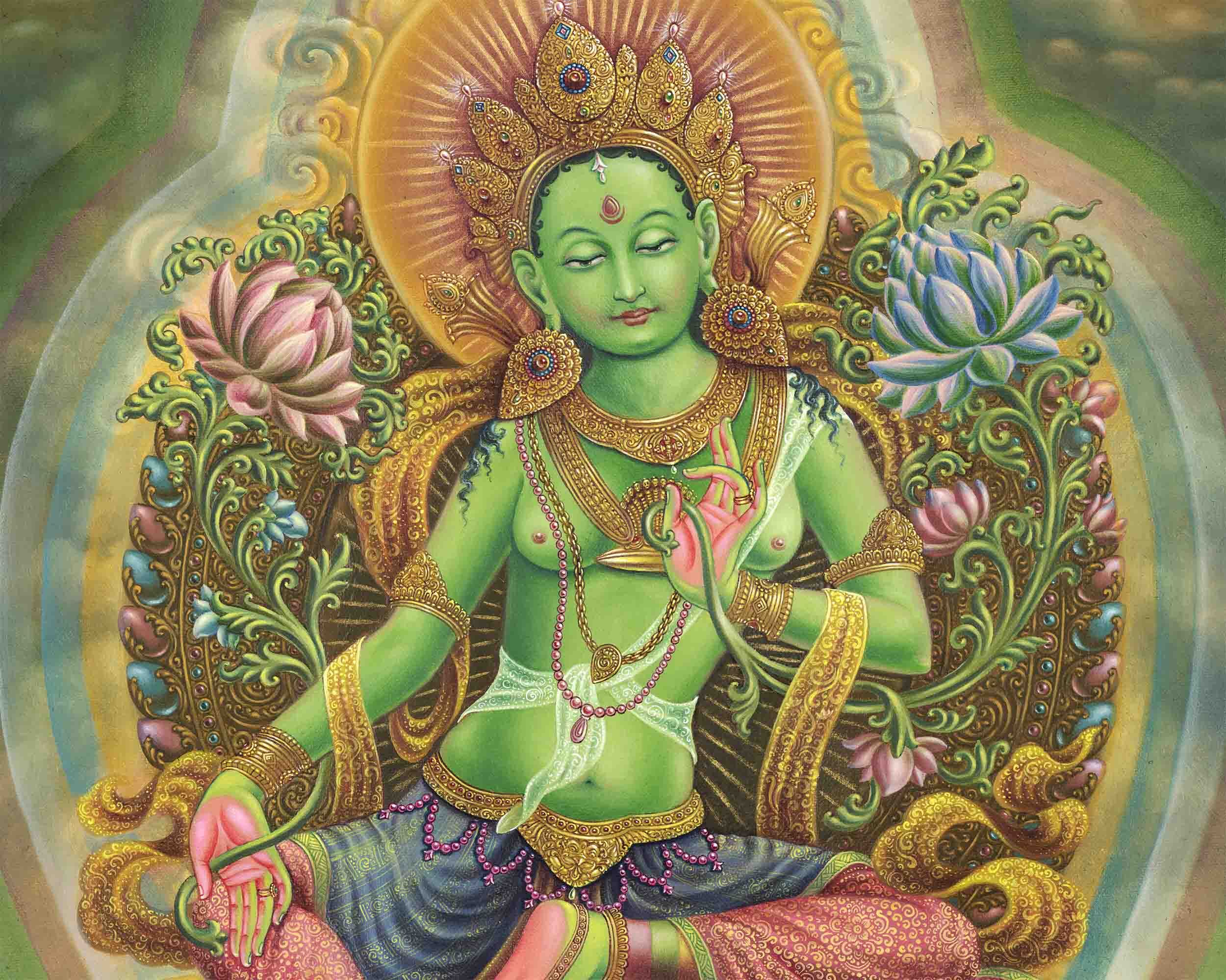 Sacred  Green Tara Thangka Digital Print |  Fine Quality Print