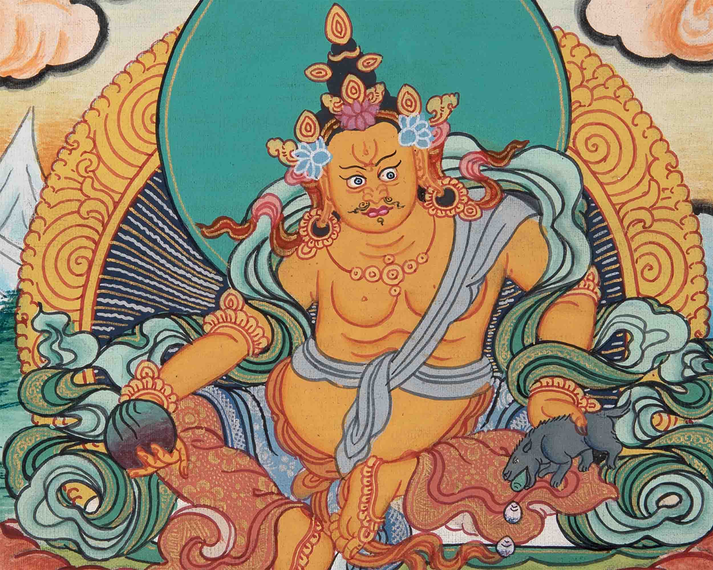 Dzambala Kubera Thangka With Brocade | Hand-Painted Deity Of Wealth
