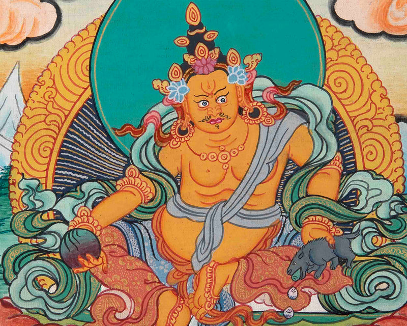 Dzambala Kubera Thangka With Brocade | Hand-Painted Deity Of Wealth