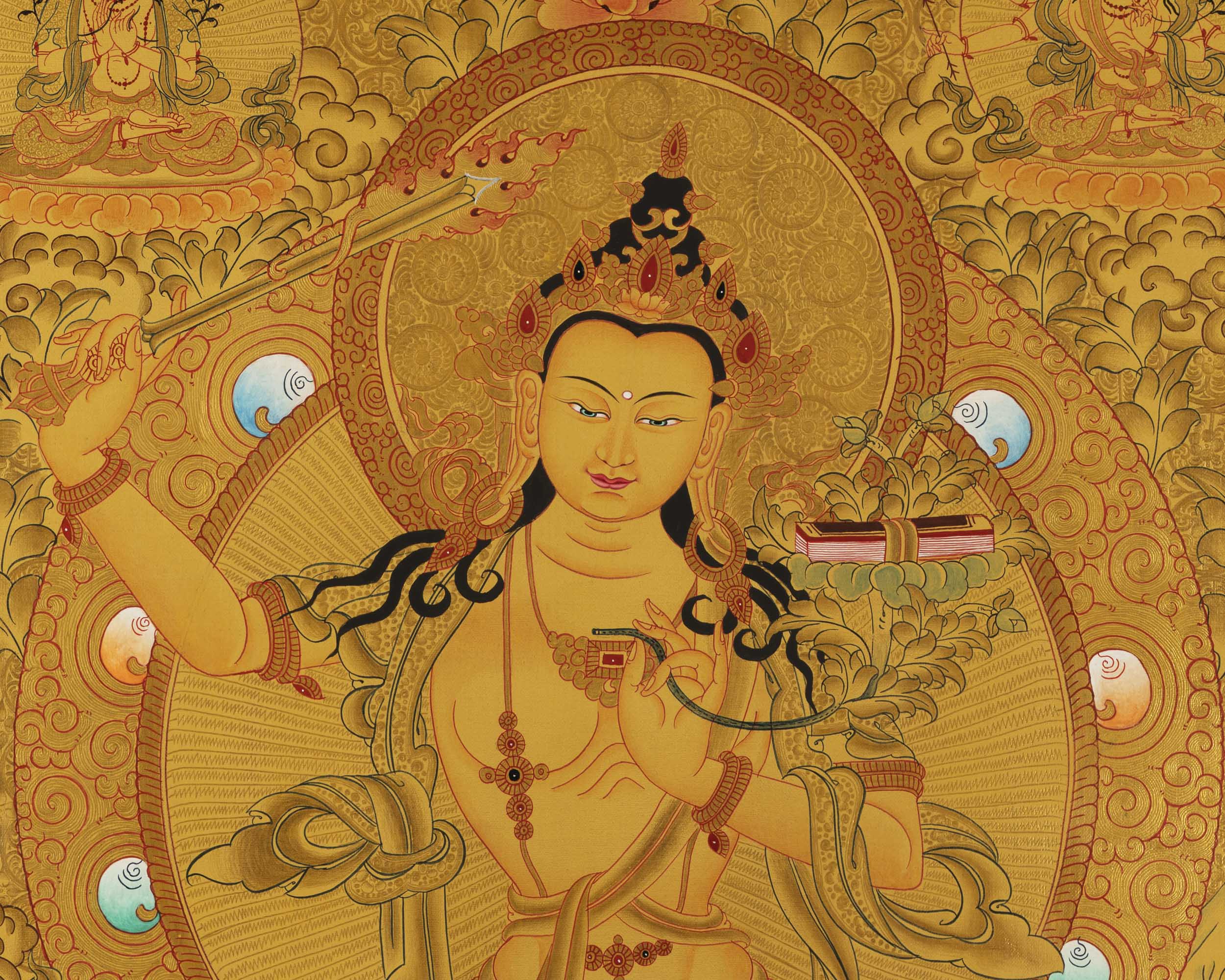 Gold Manjushree Thangka | Hand Painted Bodhisattva Art