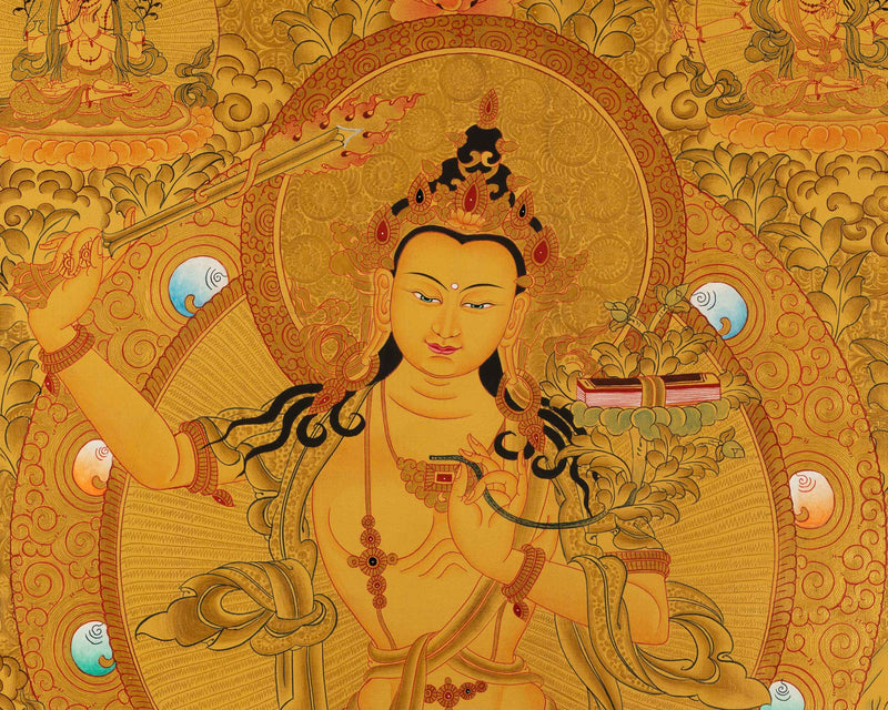 Gold Manjushree Thangka | Hand Painted Bodhisattva Art