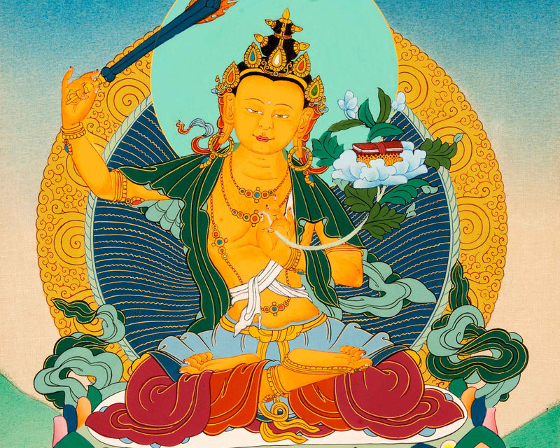 Small Manjushri Thangka Art | Traditional Tibetan Bodhisattva