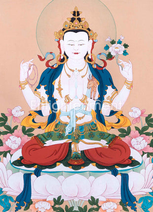 The Compassion Bodhisattva Chenrezig Thangka Art | Four Armed Chenrezig Hand Painted Art For Wall Decoration
