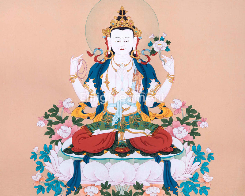 The Compassion Bodhisattva Chenrezig Thangka Art | Four Armed Chenrezig Hand Painted Art For Wall Decoration