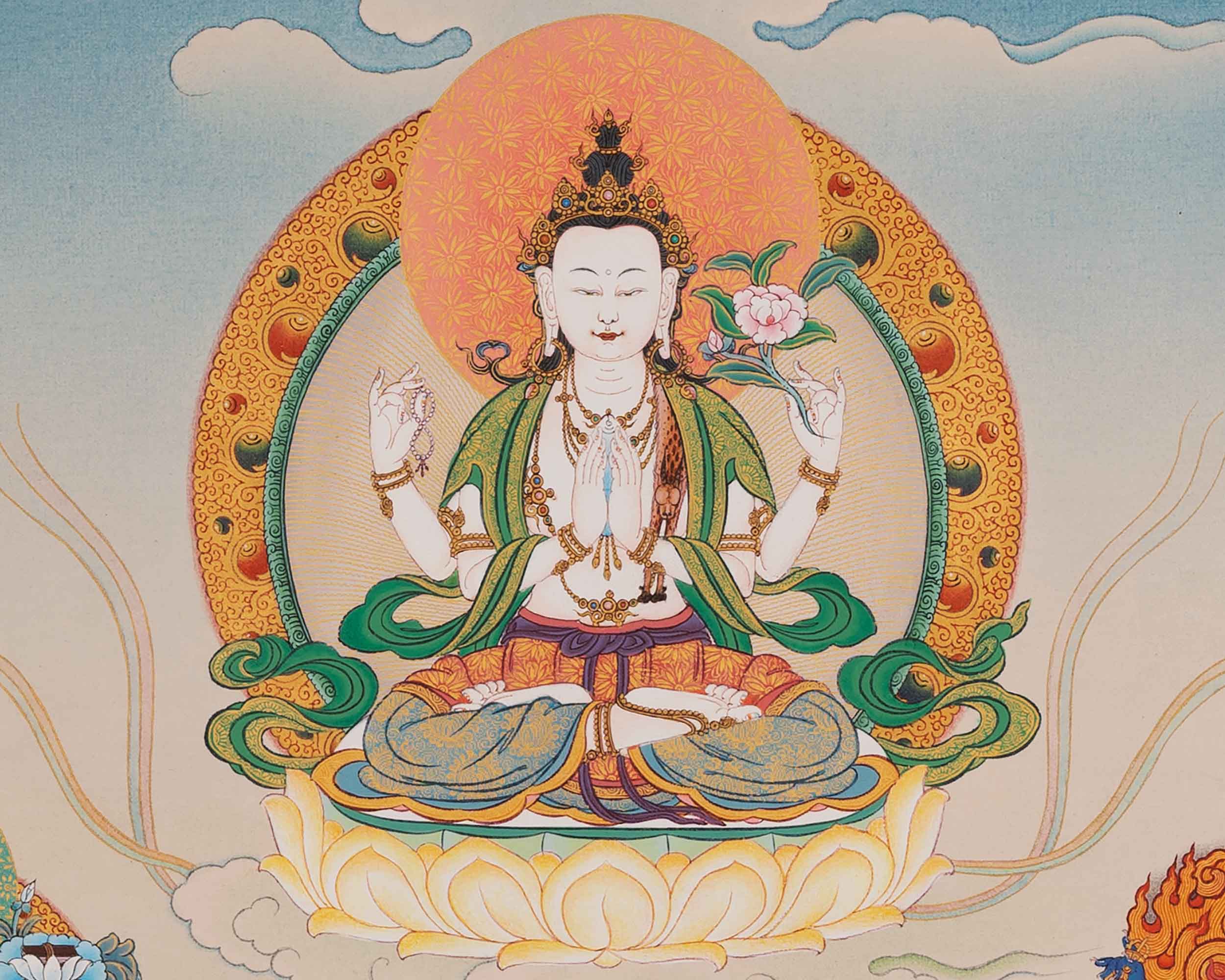 Traditional Chenrezig Empowerment Thangka | Chenrezig With Manjushri And Vajrapani Art