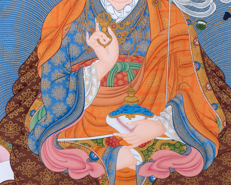 Guru Rinpoche, Padmasambhava Thangka, Tibetan Buddhist Painting in Natural Stone Color & 24K Gold (includes a silk brocade)
