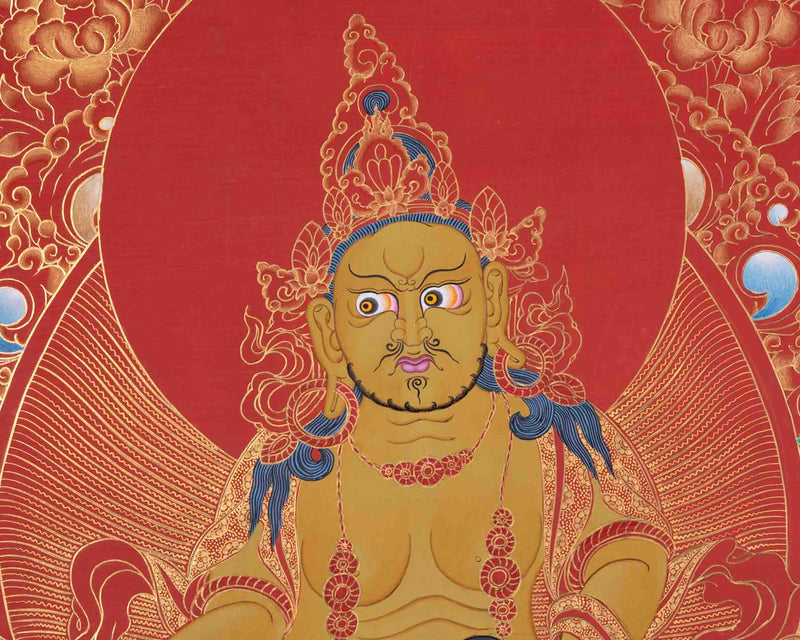 Red And Gold Painted Dzambala Thangka | Hand-Painted Deity Of Wealth