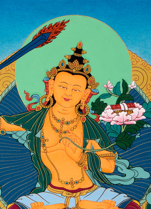 Manjushree Art Brocade | Wisdom Bodhisattva Thangka |  Himalayan Buddhist Wall Painting