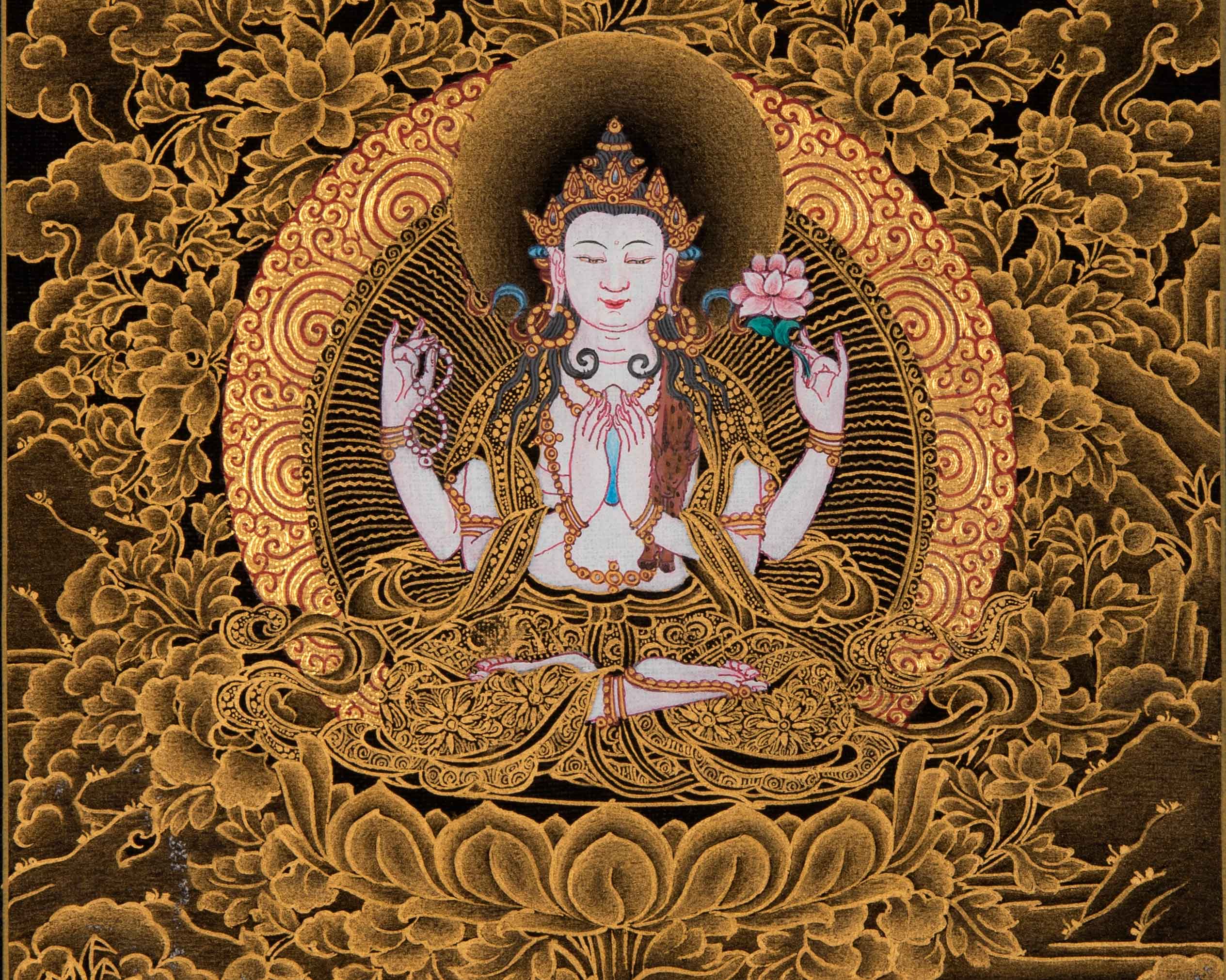 Four Armed Chenrezig Art | Tibetan Bodhisattva Mini Thangka