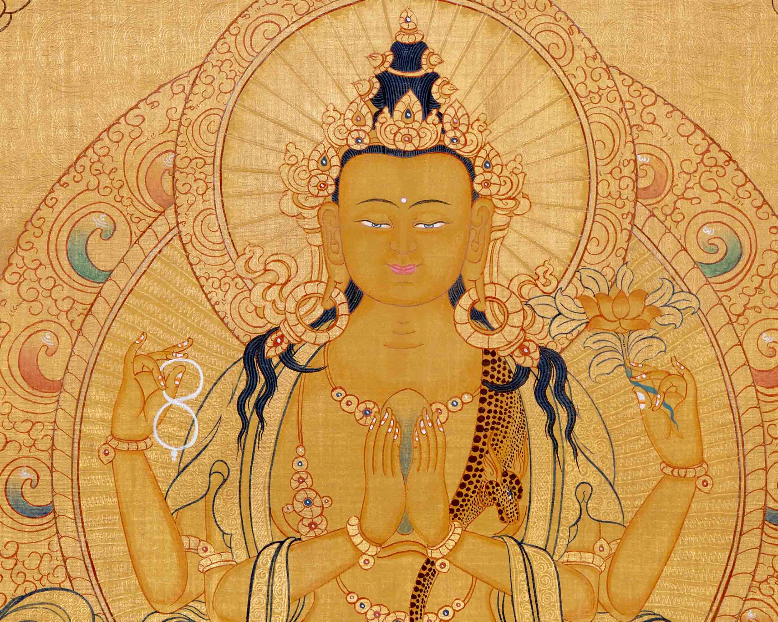 24K Gold Style Avalokitesvara Chengrezig Thangka | Wall Decor