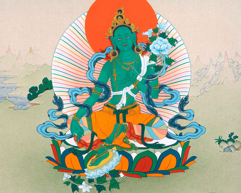 Traditionally Hand-Painted Thangka For Green Tara Yoga Practice | Himalayan Mother Tara Art On Cotton Canvas