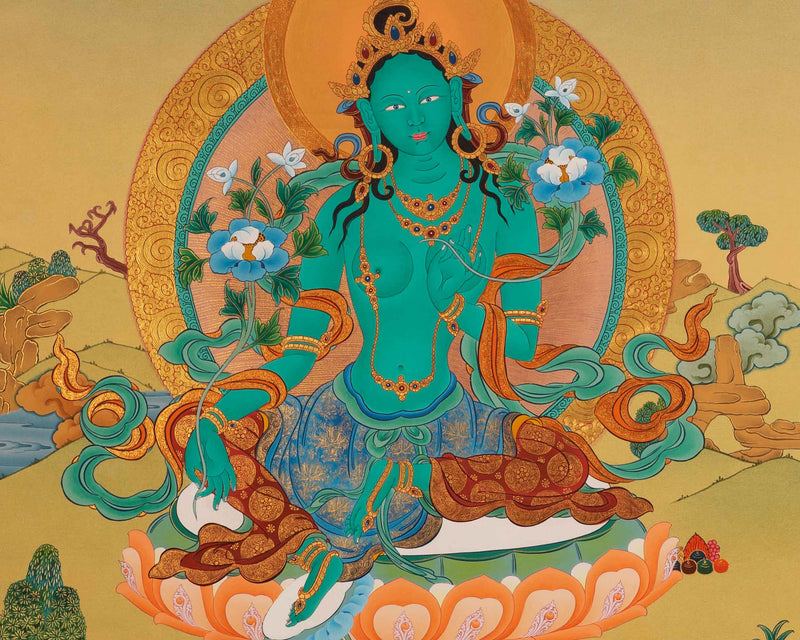 Green Tara Thangka | Hand-Painted Green Tara Thangka For Mantra Practice