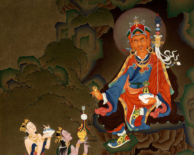 Guru Rinpoche with Consorts| Traditional Hand Painted Buddhist Art