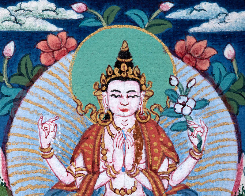 Avalokiteshvara Buddhism Mini Thangka | Traditional Buddhist Art