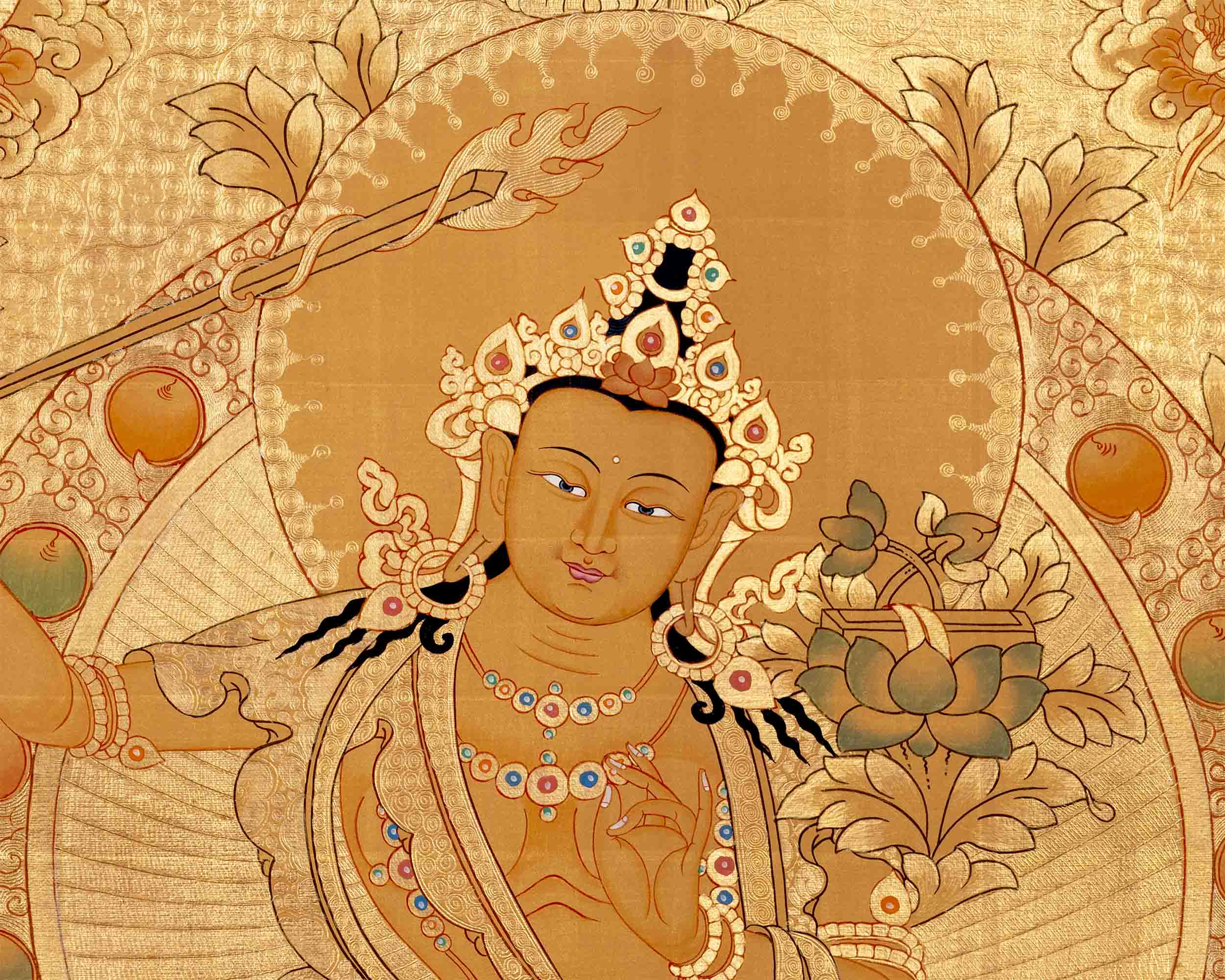 24K Gold Manjushree Thangka | Tibetan Buddhist Bodhisattva Art