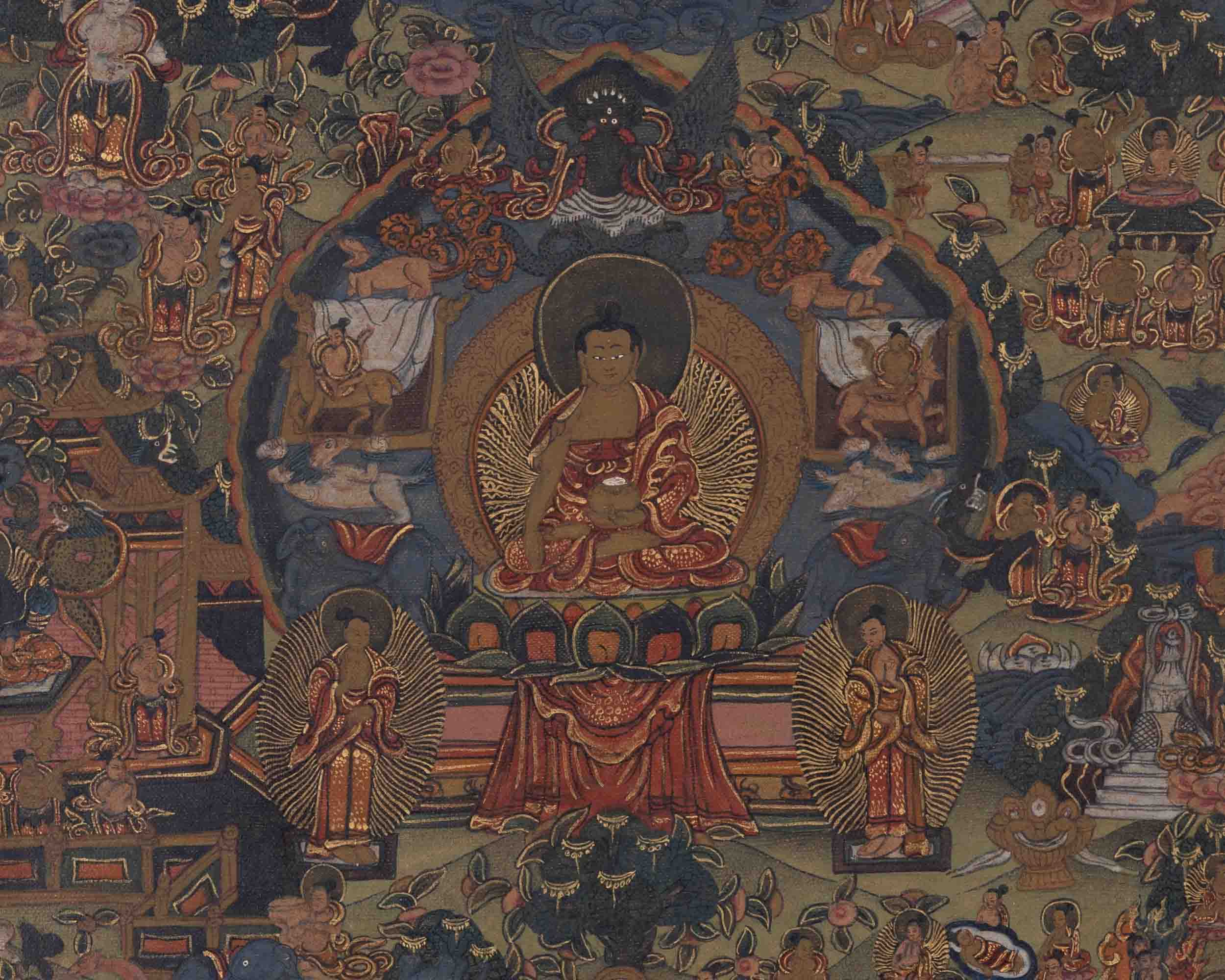 Life Of Shakyamuni Buddha | Traditional Tibetan Thangka | Wall Decors