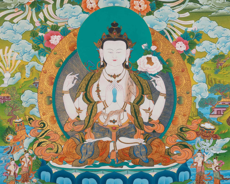 Avalokiteshvara Chenrezig Thangka | Hand-Painted Art Of The Bodhisattva Of Wisdom