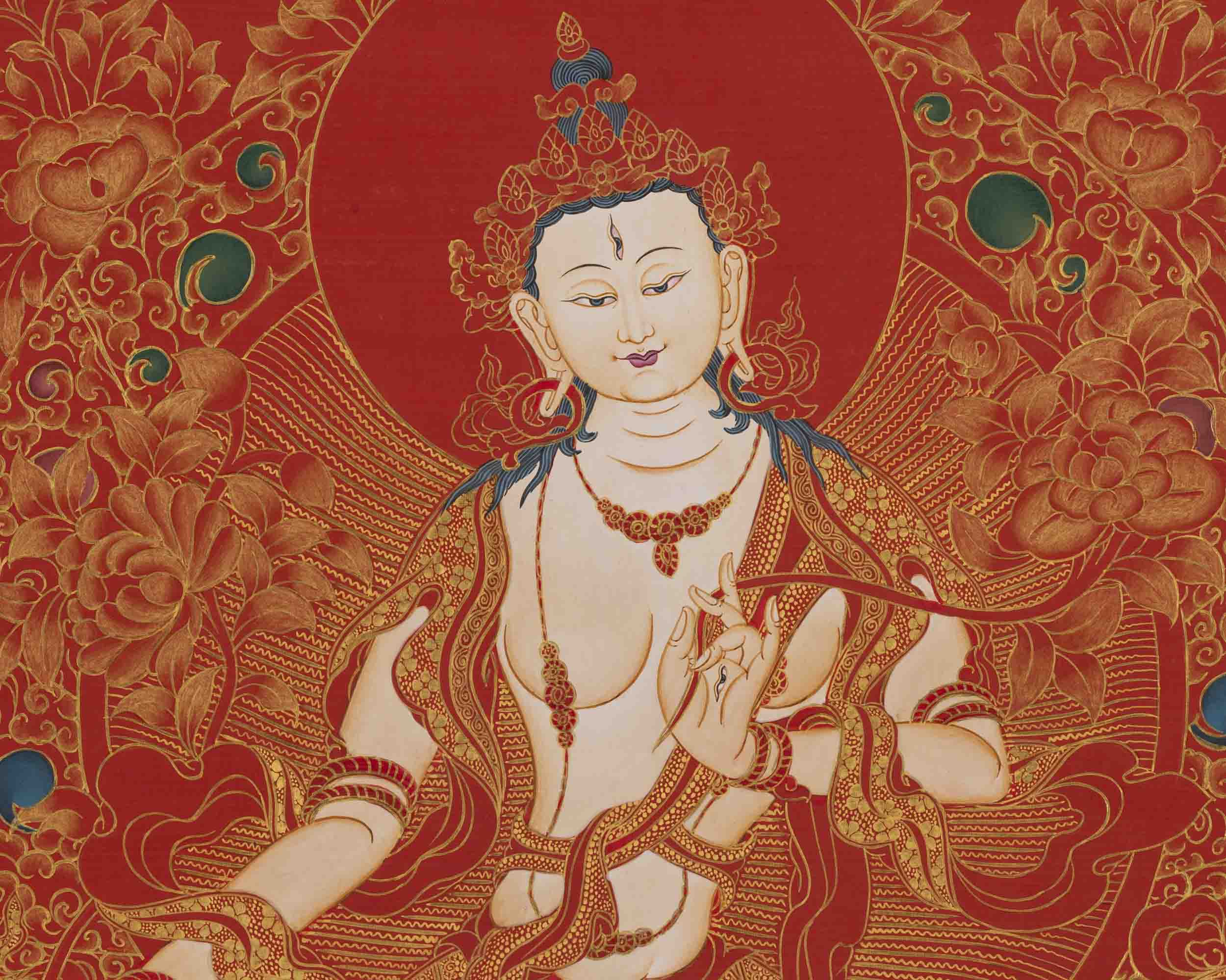 White Tara Thangka | 24K Gold Style Art | Religious Wall Decors