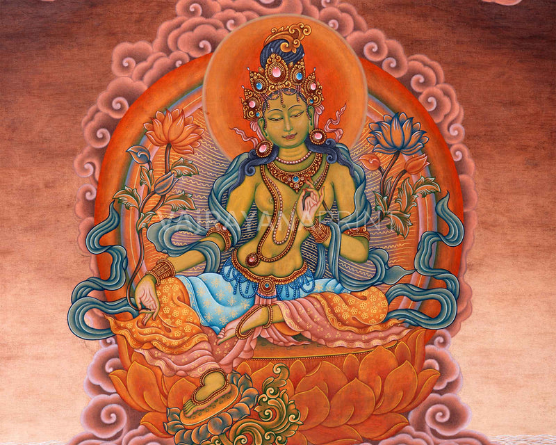 High-Quality Pauba Art For Green Tara Altar | Traditional Nepali Canvas Print For Wall Hanging
