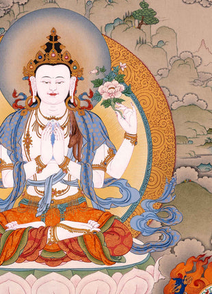 Bodhisattva Thangka | Chenrezig with Vajrapani, Manjushri and Amitabha Buddha