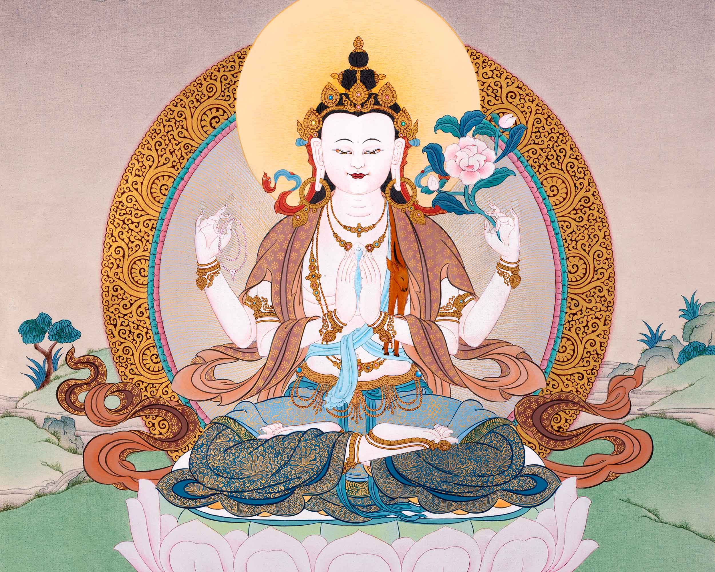 4 Armed Chenrezig Thangka | High Quality Avalokiteshvara Painting