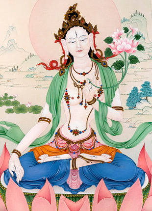 White Tara Thangka | Traditional Tibetan Stone Color White Tara Painting