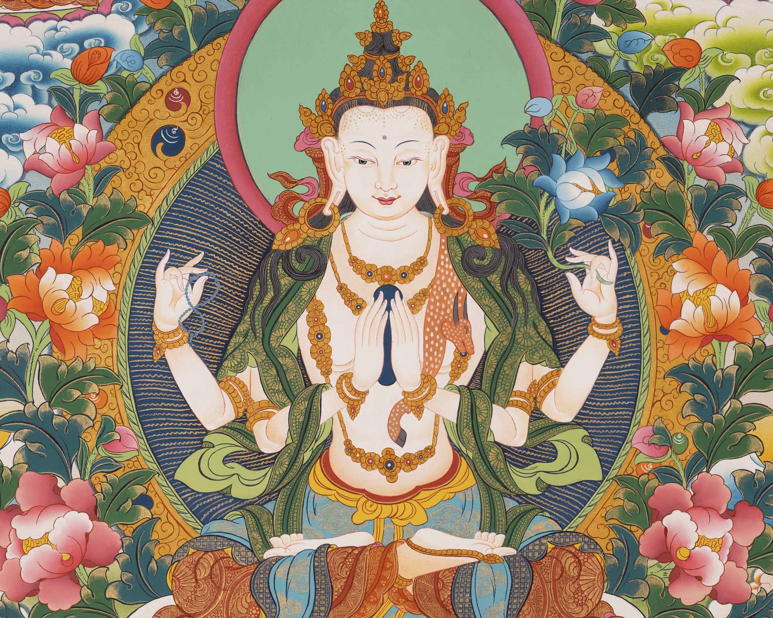 Handpainted Avalokitesvara Thangka | Chengrezig Thangka