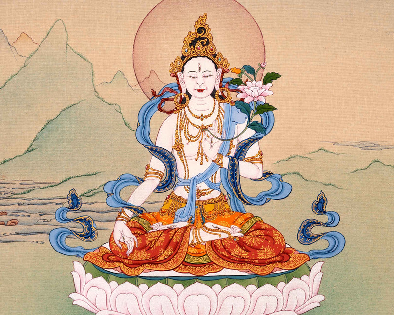 24K Gold White Tara Goddess Thangka | Traditional Tibetan Art