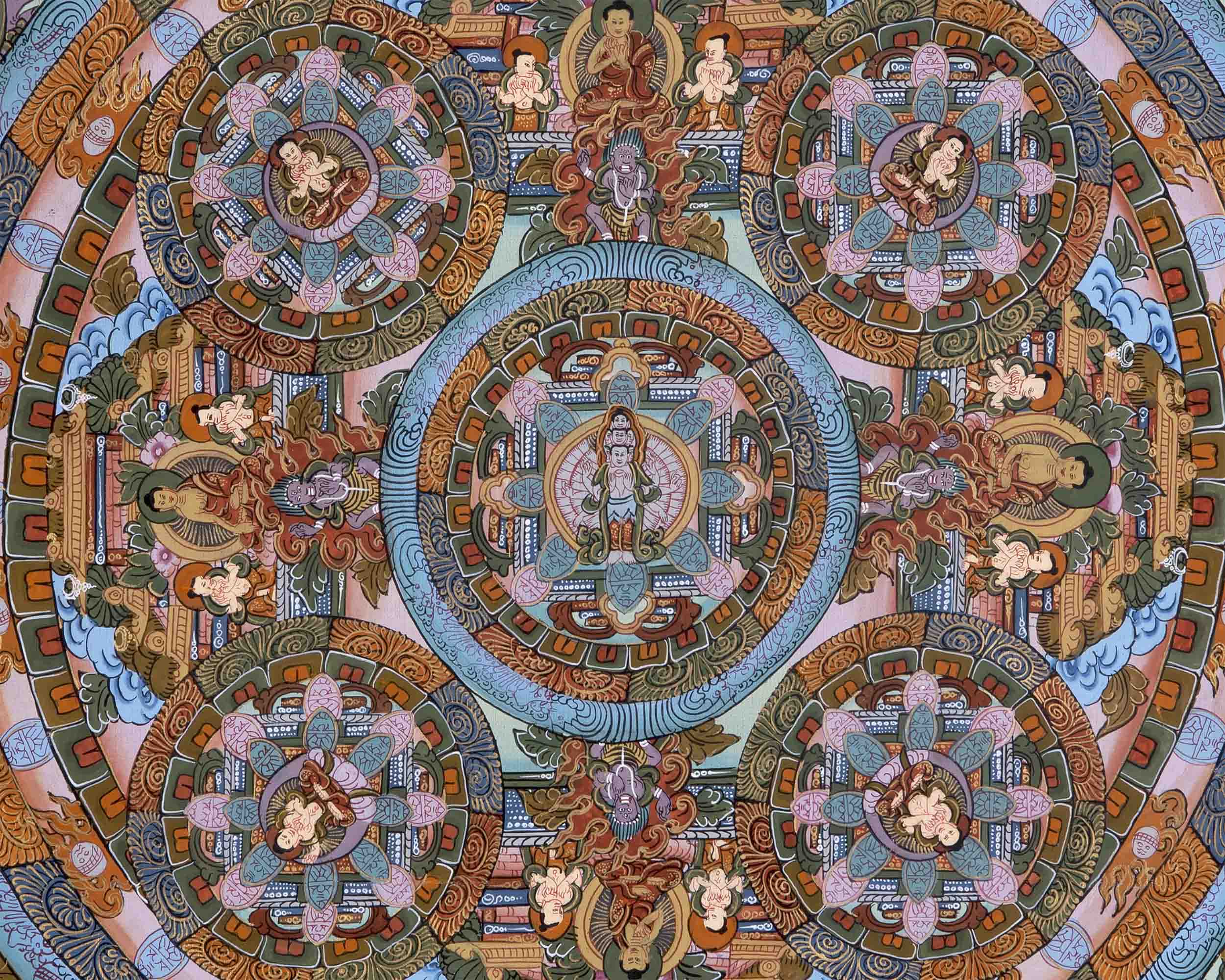 Hand-Painted Mandala Thangka With Brocade | Wall Decor Painting
