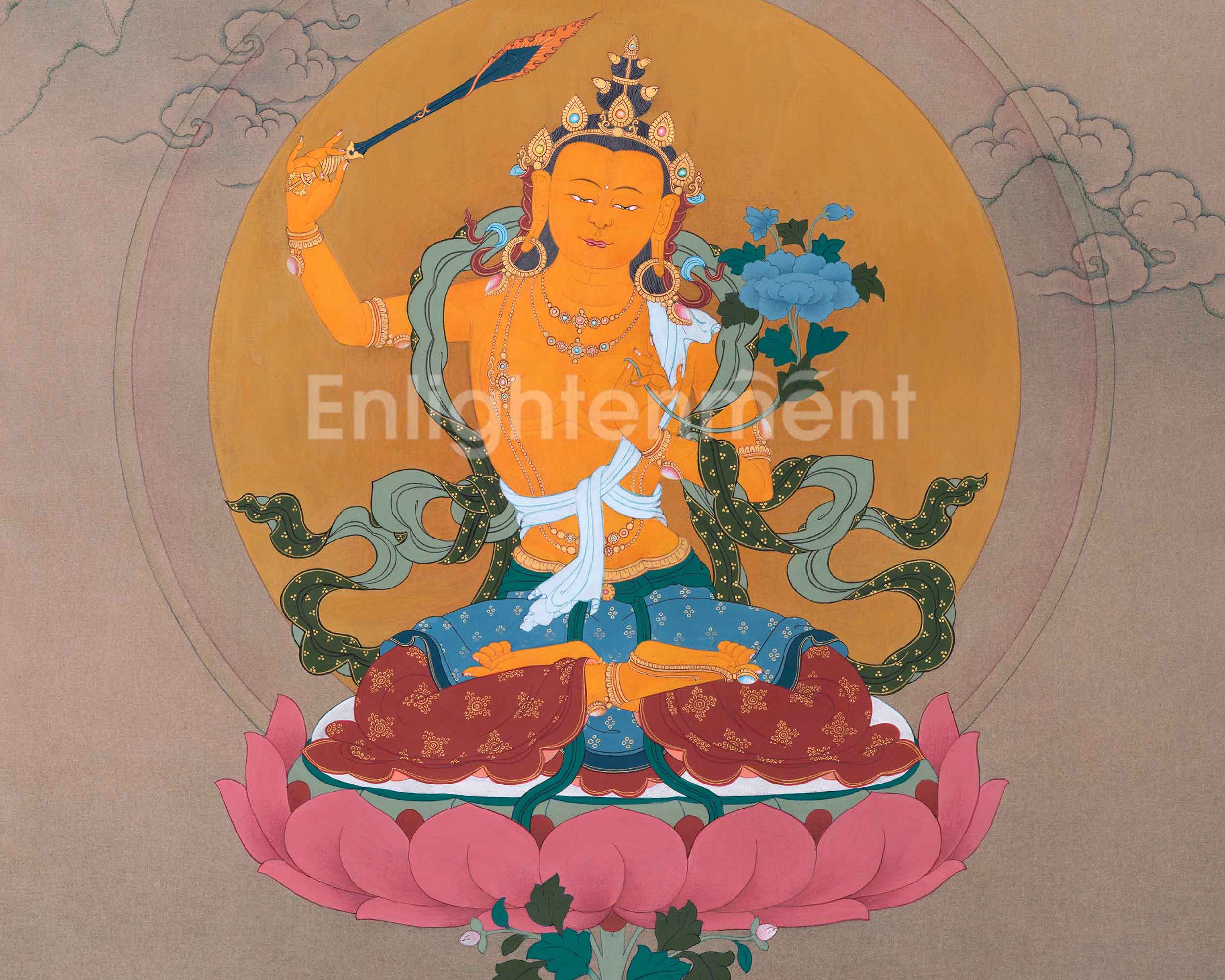 Deity Of Wisdom, Manjushri Buddhism Hand-Painted Thangka | Traditional Sacred Art for Daily Practice
