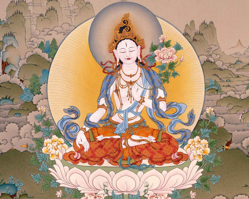 White Tara Art Long Life Bodhisattva | Traditional Tibetan Thangka