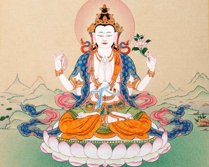 Four Arm Chenrezig Avalokiteshvara Thangka | Bodhisattva Painting