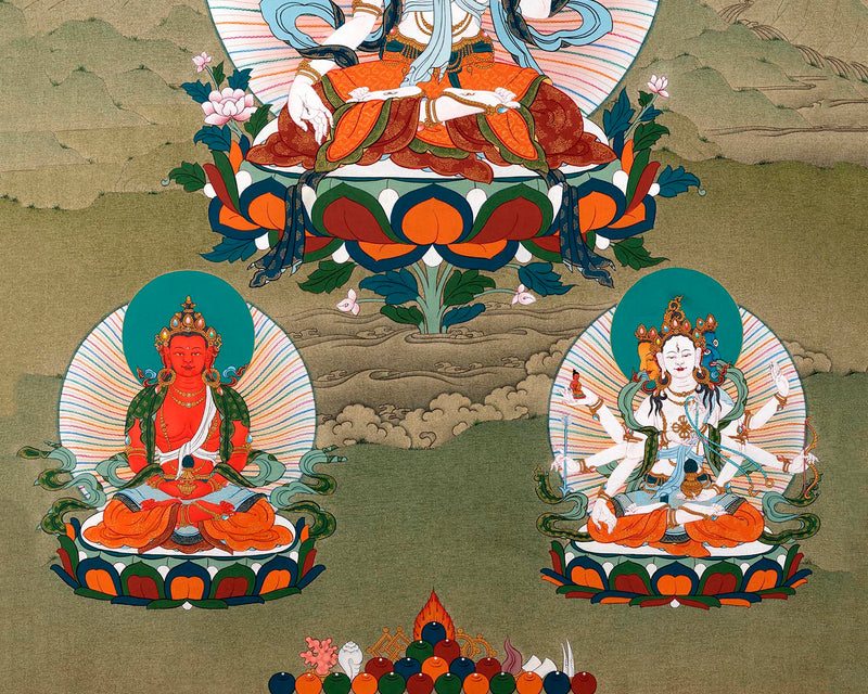 White Tara With Amitayus and Namgyalma Thangka | Long Life Deities | Tibetan Art