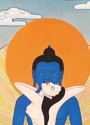 Samantabhadra with Consort, Yab yum Thangka Painting in Brocade Silk Frame