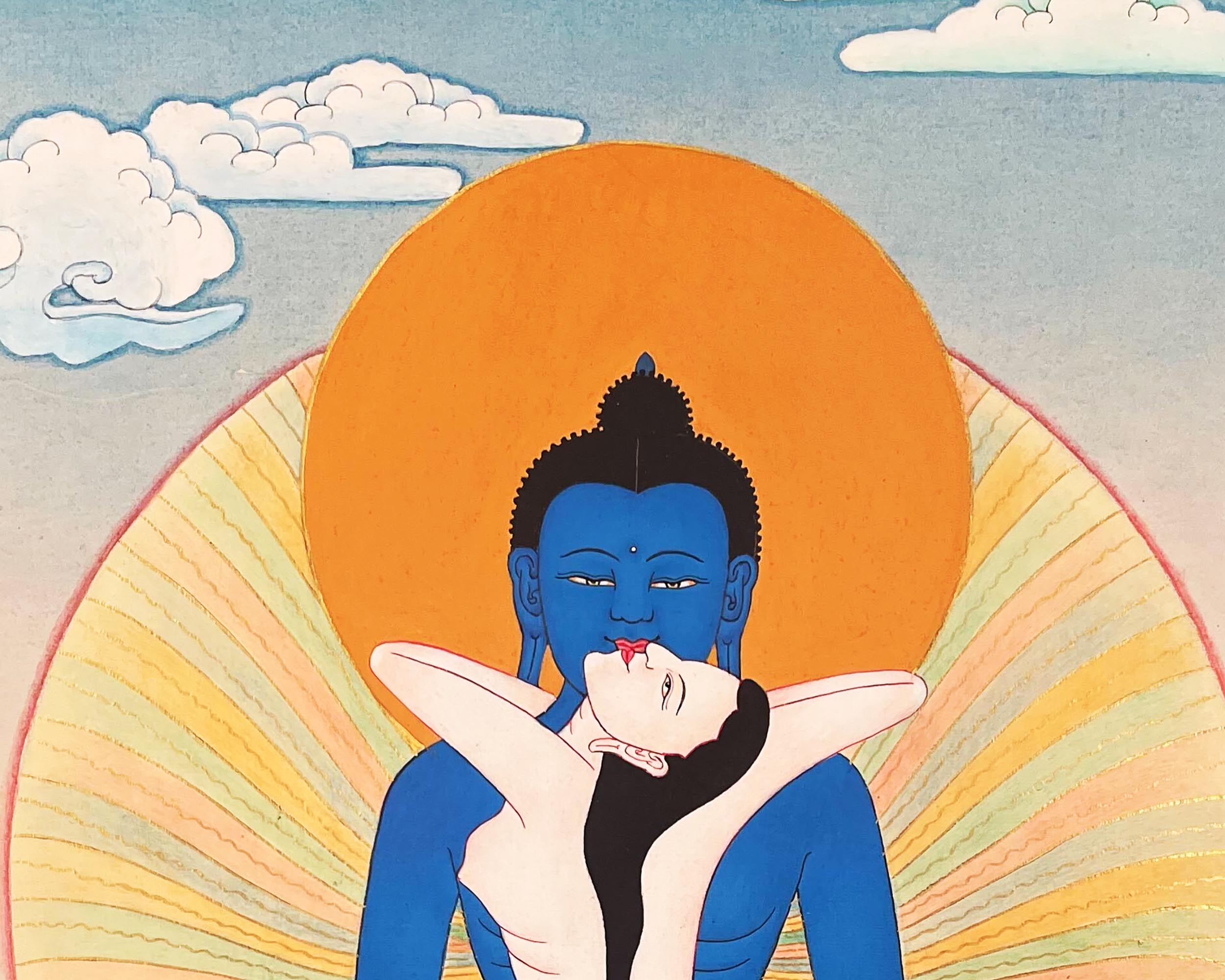 Samantabhadra with Consort, Yab yum Thangka Painting in Brocade Silk Frame