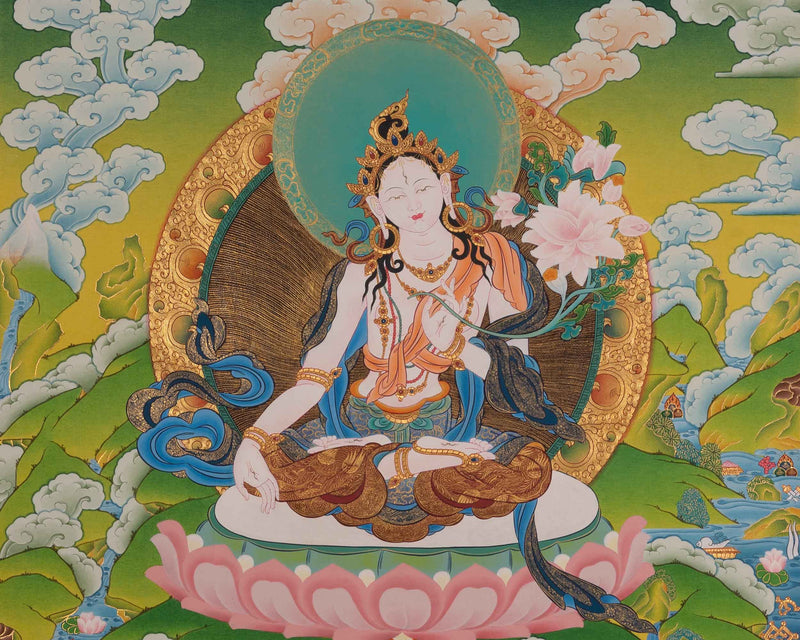 Traditionally Hand-Painted Thangka White Tara | Tibetan Buddhist Hand Painting