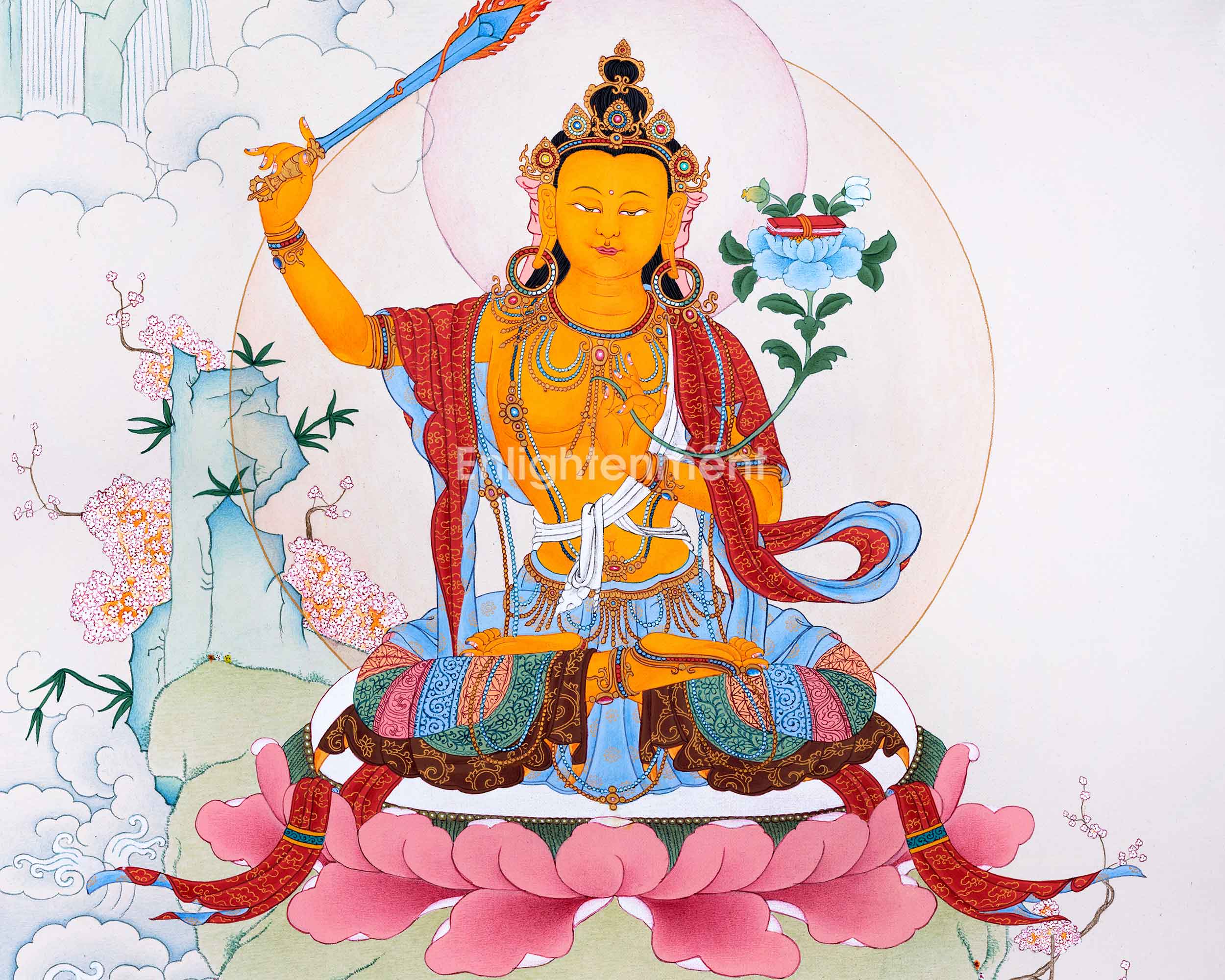 Traditionally Hand-Painted Manjushree Buddha Thangka | The Bodhisattva Of Wisdom Art For Daily Practice