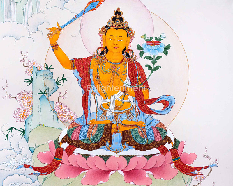 Traditionally Hand-Painted Manjushree Buddha Thangka | The Bodhisattva Of Wisdom Art For Daily Practice