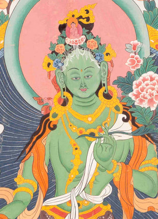 Vintage Green Tara Thangka | Hand Painted Thangka With Brocade