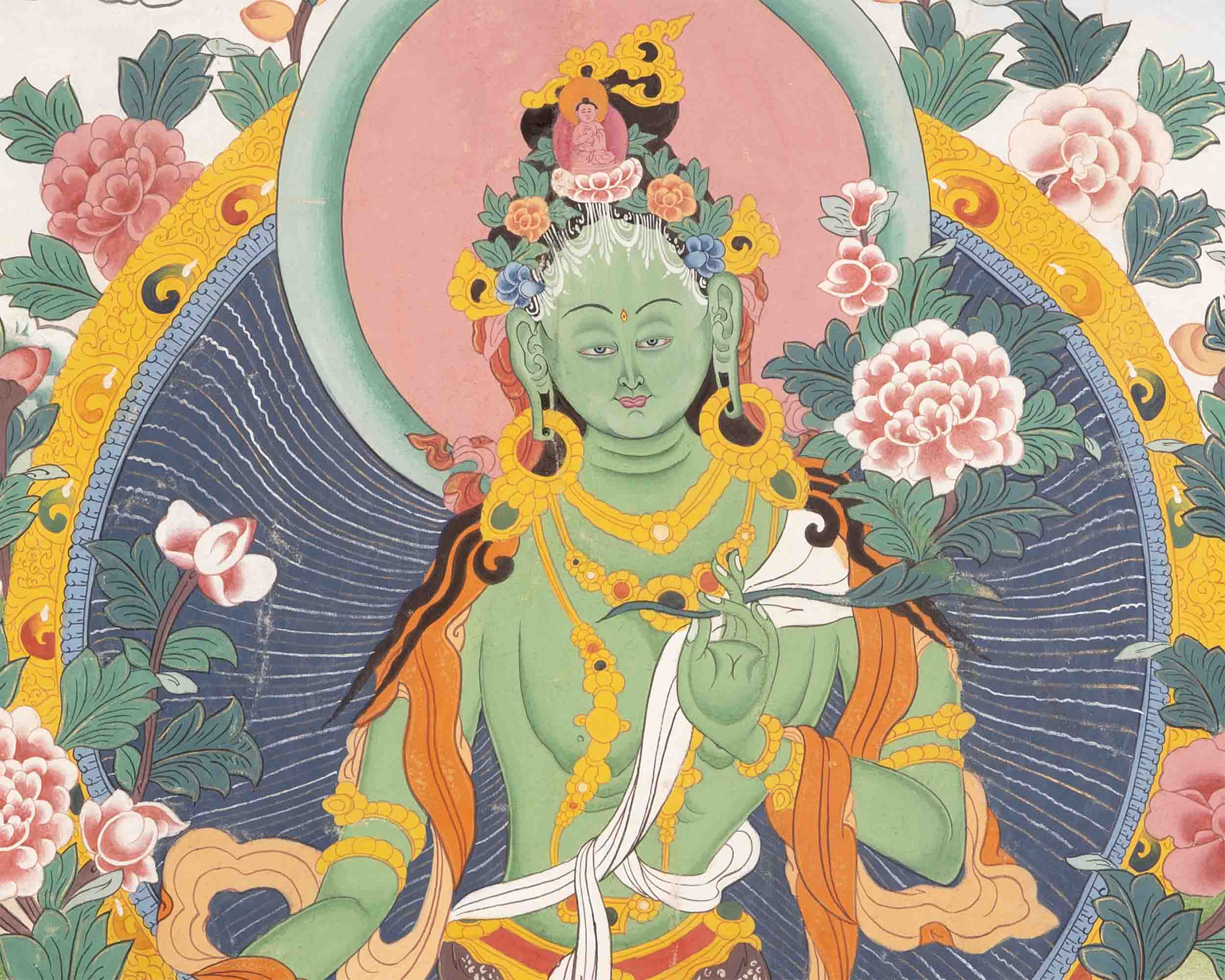 Vintage Green Tara Thangka | Hand Painted Thangka With Brocade
