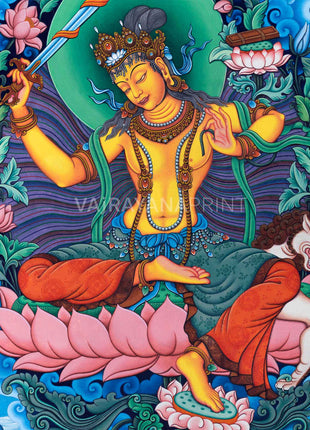 Manjushri Bodhicitta Prayer Thangka Print | The Bodhisattva Of Compassion Art For Daily Prayers