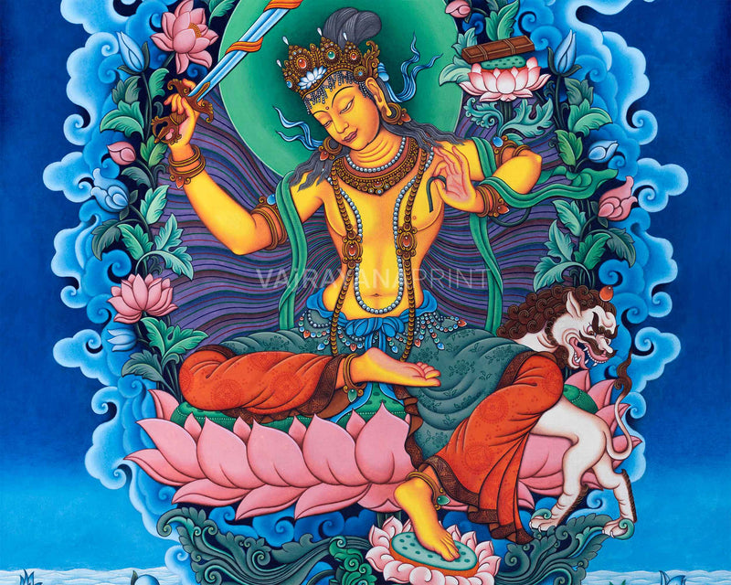 Manjushri Bodhicitta Prayer Thangka Print | The Bodhisattva Of Compassion Art For Daily Prayers