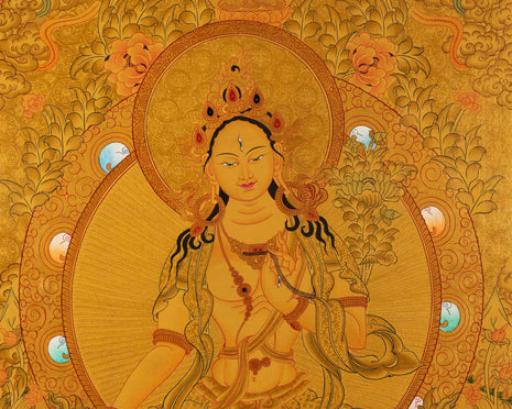 Medium Size White Tara | 24k Gold Painted Bodhisattva Painting