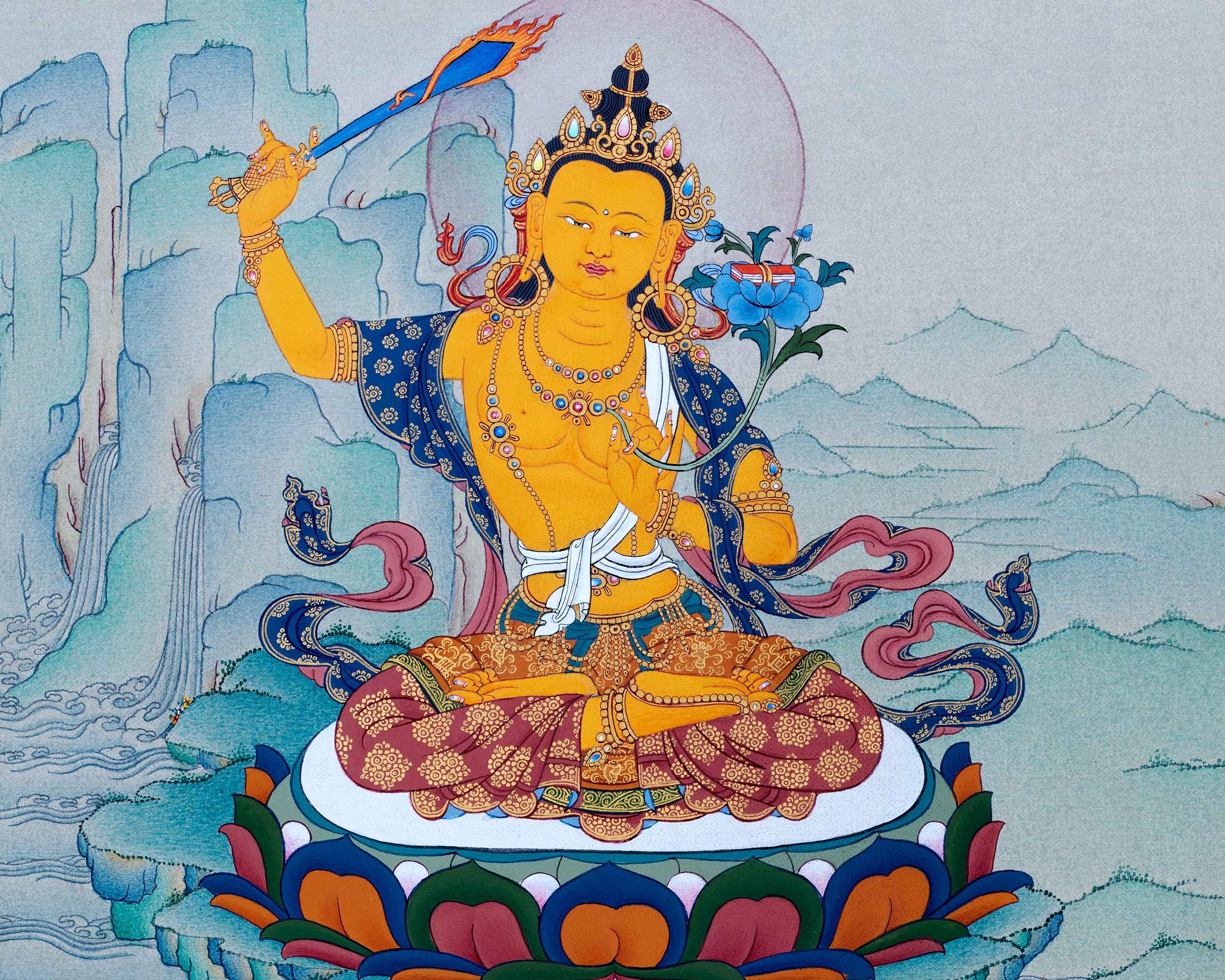 Tibetan Manjushri Thangka | Buddhism Art | 24K Gold
