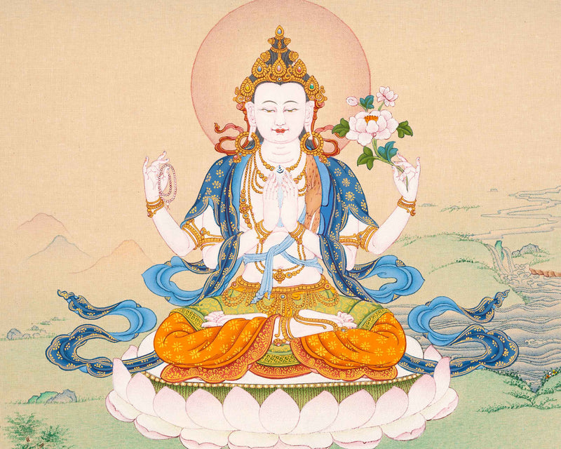 Chenrezig Buddha Thangka Art | Hand-Painted Buddhist Deity Painting