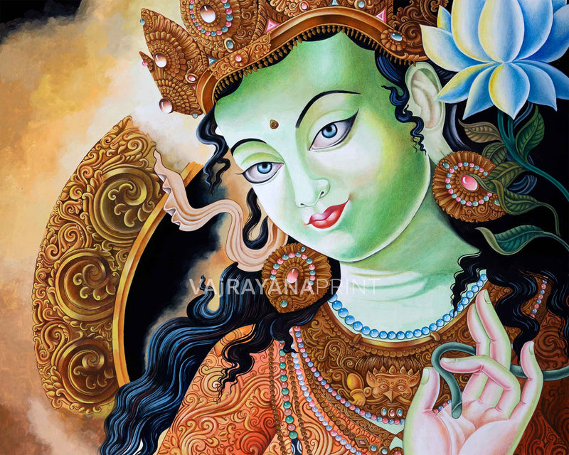 Green Tara Mantra Symbol Newari Print | Mother Of All Buddhas, Green Tara Print For Wall Hanging