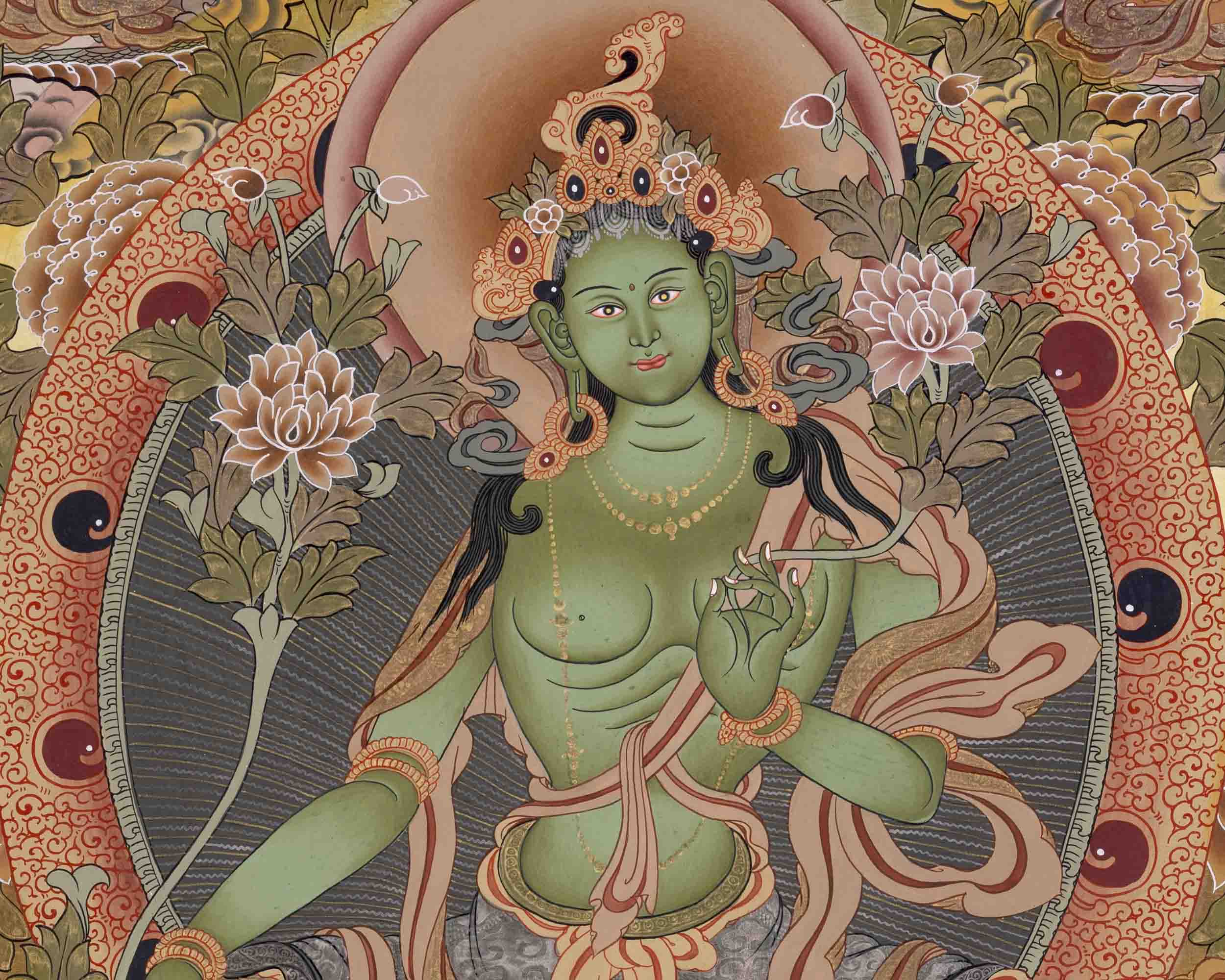 Tibetan Green Tara Thangka | Religious Wall Decoration Painting