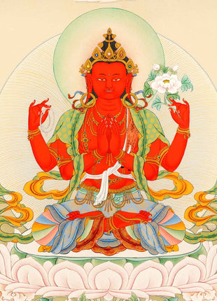 Red Chenrezig With Amitabha Buddha, Gyalwa Gyasto Thangka Print