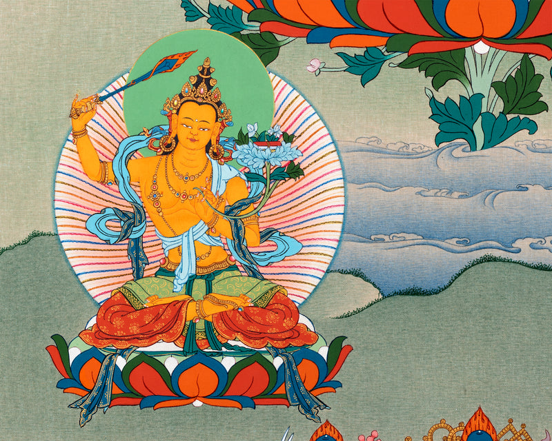 Avalokiteshvara- Chenrezig, Manjushri & Vajrapani Thangka Painting, Tibetan Buddhist Art