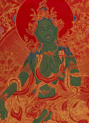 24K Gold Green Tara Thangka | Traditional Tibetan Painting | Wall Decors